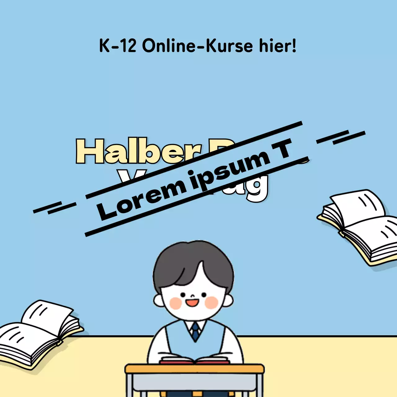 Blauer Hintergrund männlicher Student animierte Notebook fliegen halben Preis Vortrag Veranstaltung