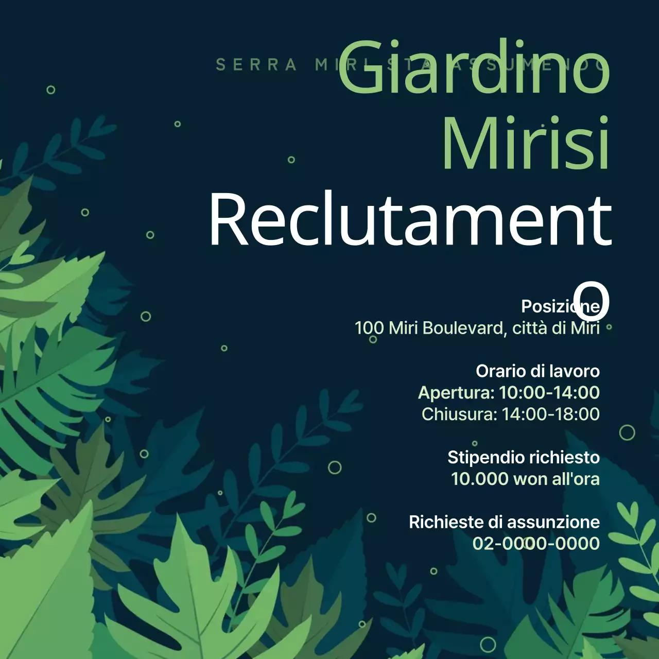 Avviso di assunzione a tema naturalistico con sfondo verde e punti di testo verde lime V2