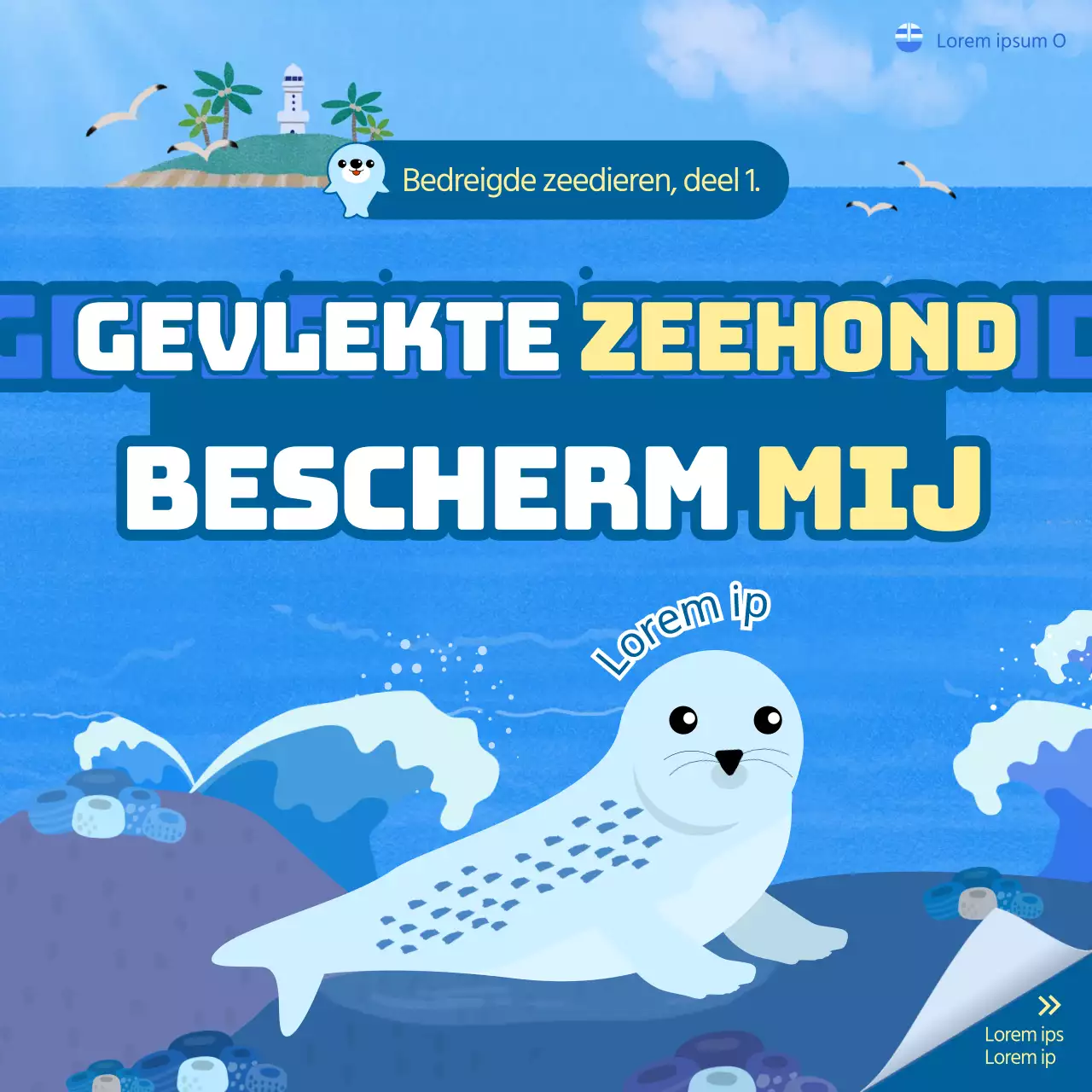 Koele en schattige illustratie met blauwe oceaanachtergrond Bedreigd zeedier Behoud Gevlekte zeehond Sociale media