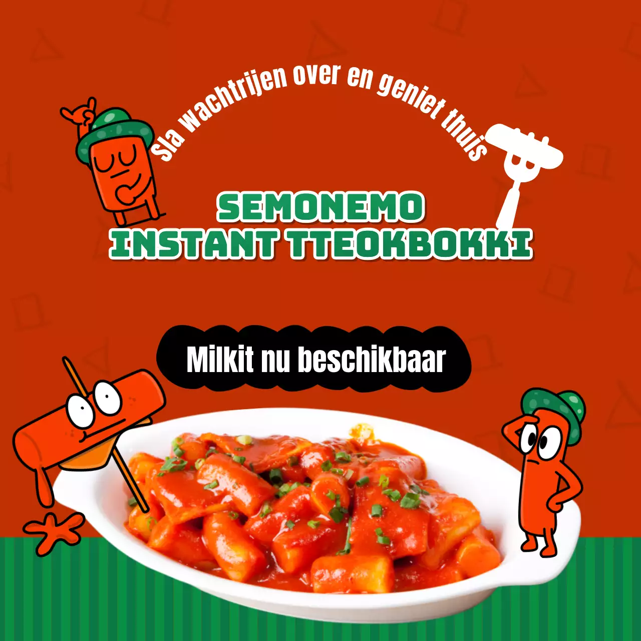 Promotie voor de lancering van een schattige rode en groene kant-en-klare tteokbokki-maaltijdkit