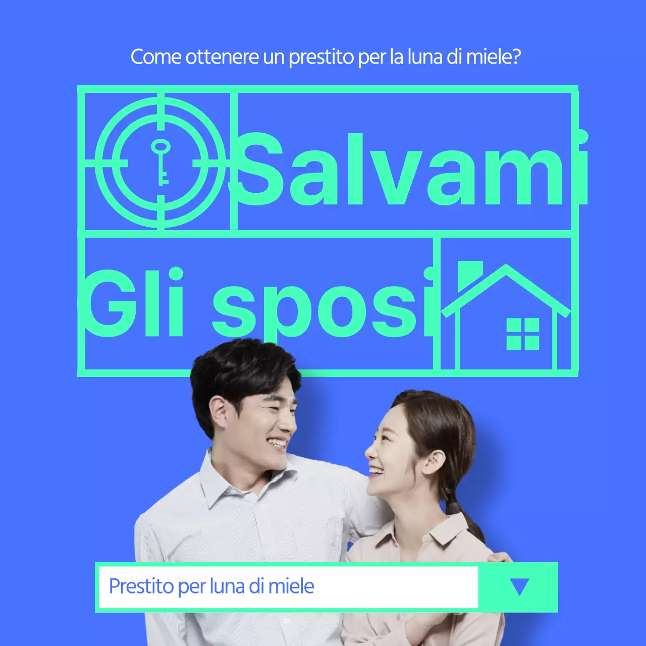 Logo Save the Date con sfondo blu Banner pulito con foto di sposi nel titolo