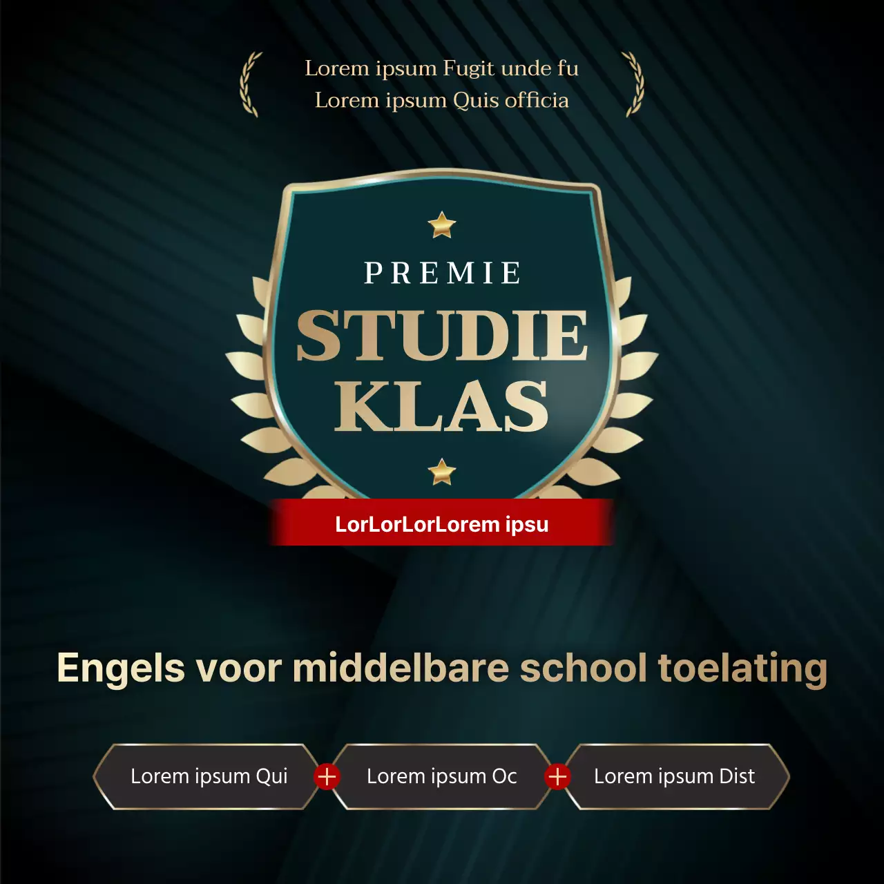 Donker turquoise en goud met een luxe labelconcept voor een toelatingsexamen Engelse taalschool
