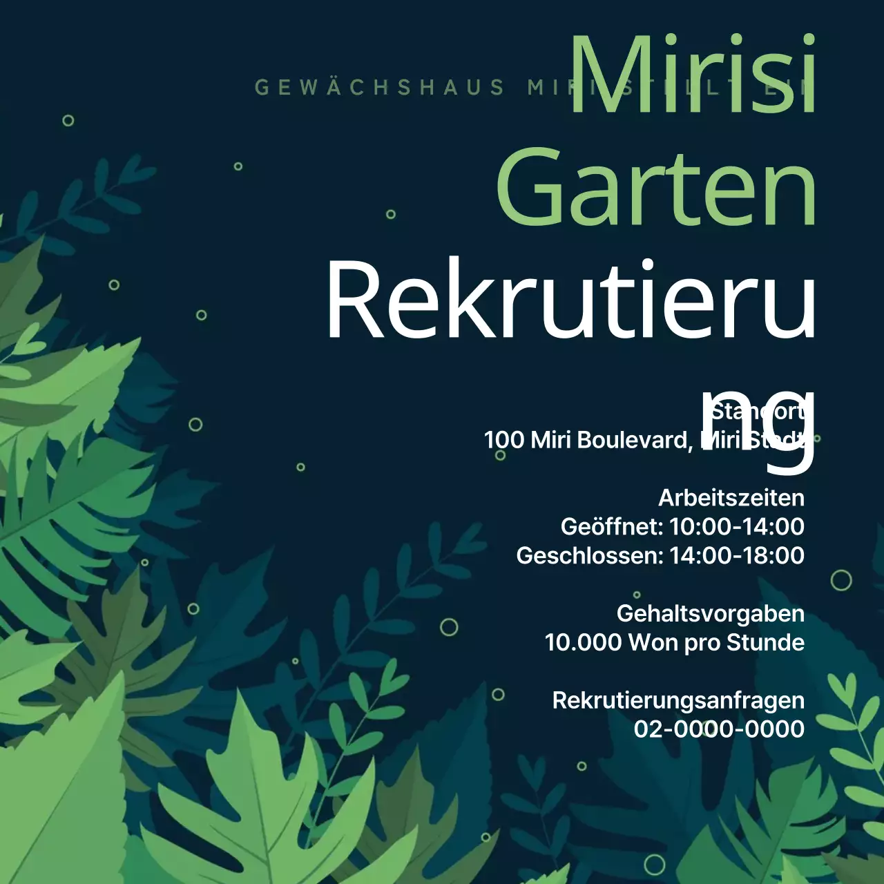 Naturmotivische Stellenausschreibung mit grünem Hintergrund und lindgrünen Textpunkten V2