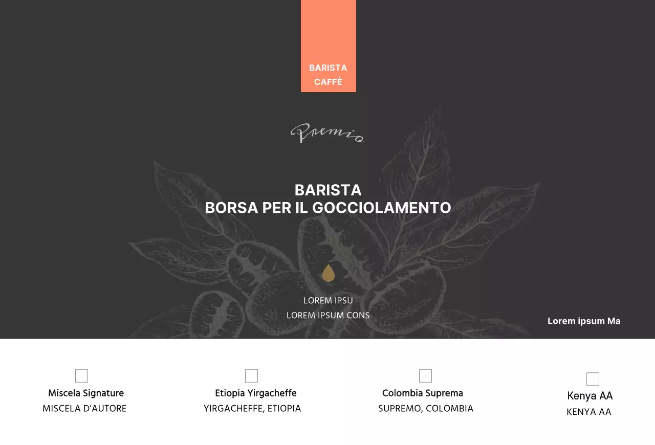 Illustrazione del caffè con fagioli marroni Scheda informativa sul prodotto Cartolina postale