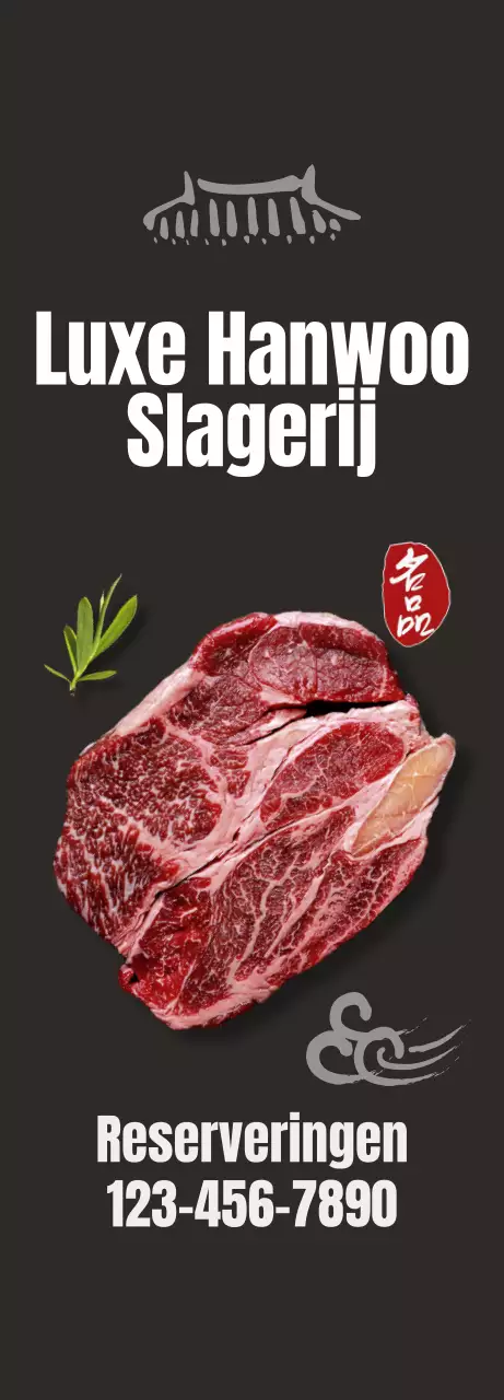 Promoot een strak, Koreaans geïnspireerd restaurant met afbeeldingen van Koreaans rundvlees op een zwarte achtergrond