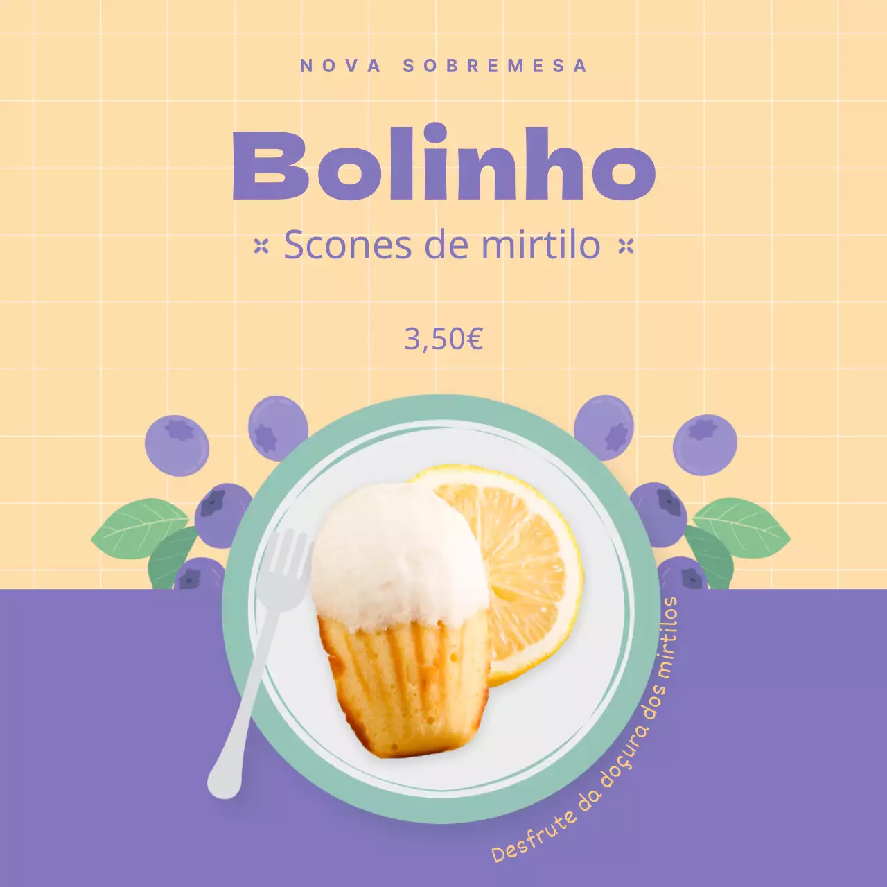 Um menu de sobremesa de scones em roxo e marfim com fotografias