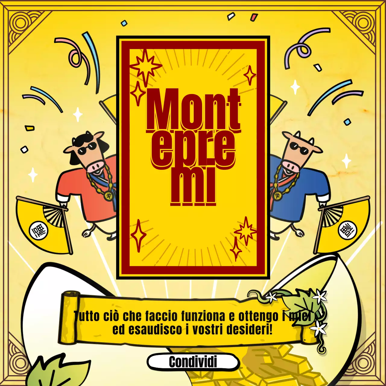 Cartomanzia di Capodanno con l'illustrazione del personaggio tradizionale della mucca gialla