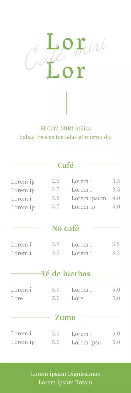 Ilustración a bolígrafo de un cartel con el menú de una cafetería en blanco y verde lima.