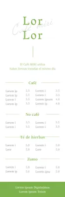 Ilustración a bolígrafo de un cartel con el menú de una cafetería en blanco y verde lima.