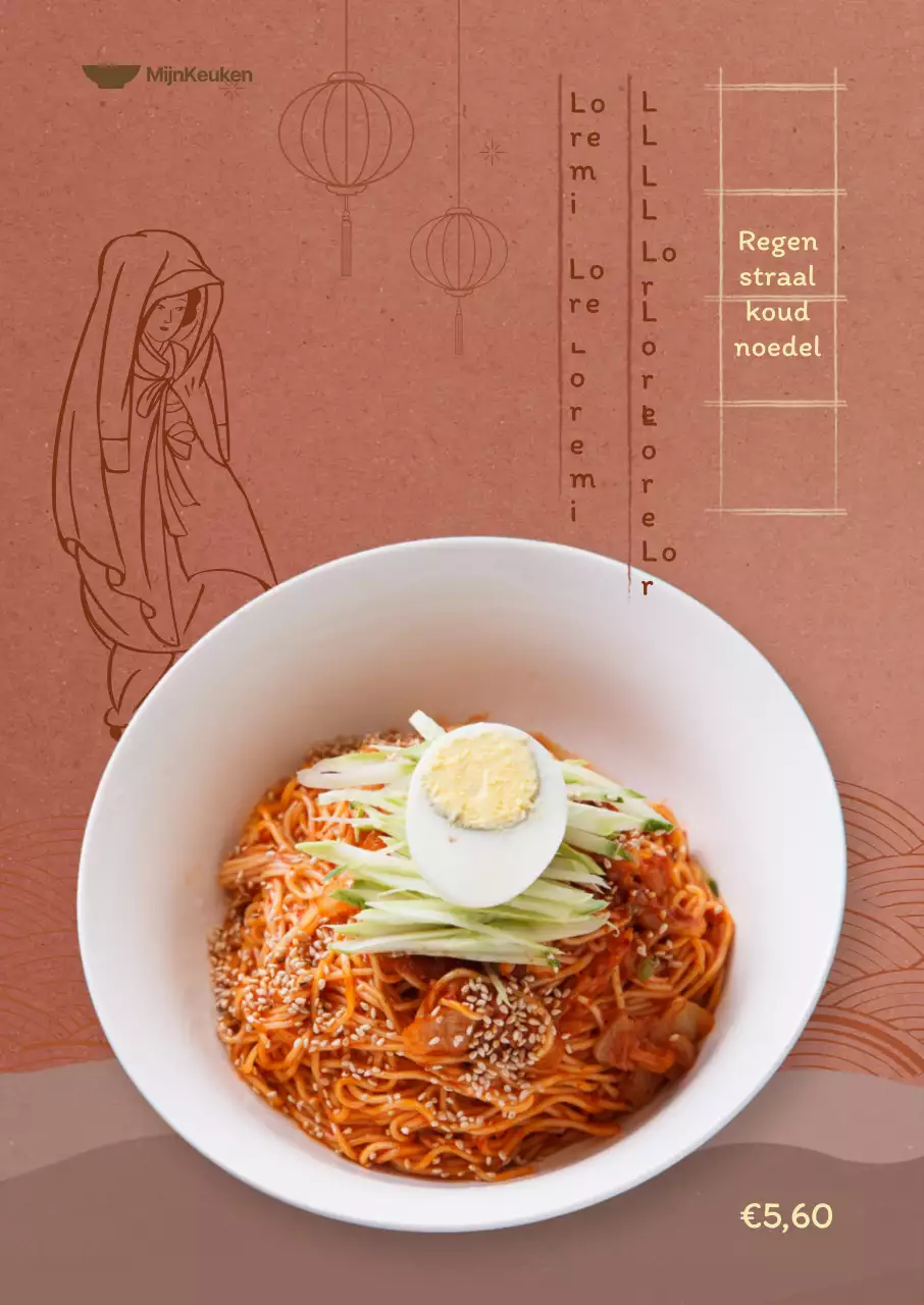 Zomermenu met diep indigo roze achtergrond en oosterse illustraties