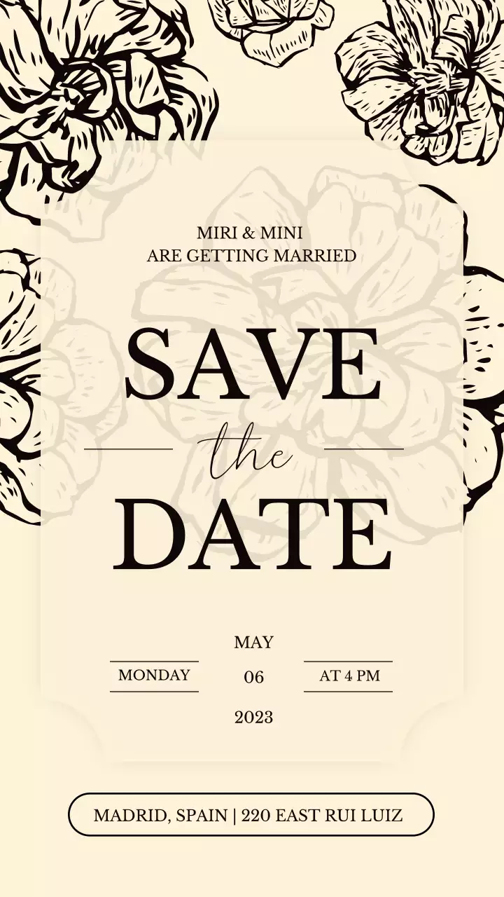 베이지색과 블랙 꽃 일러스트 배경의 로맨틱한 청첩장