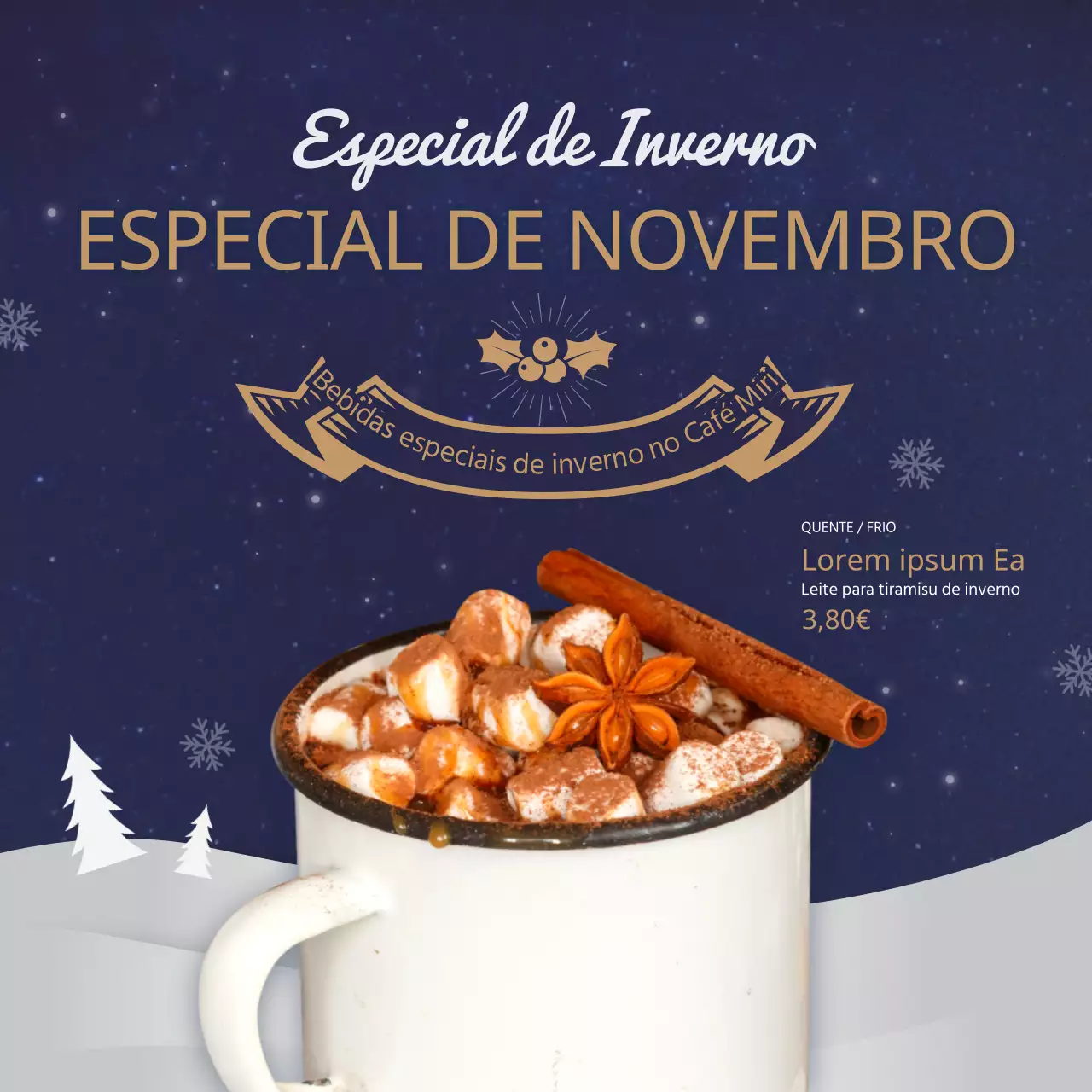 Bebidas de café com um tema de Natal azul-marinho