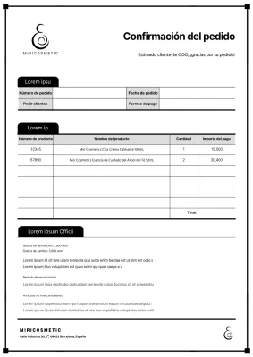 Documentación de confirmación de pedido sencilla y limpia en negro