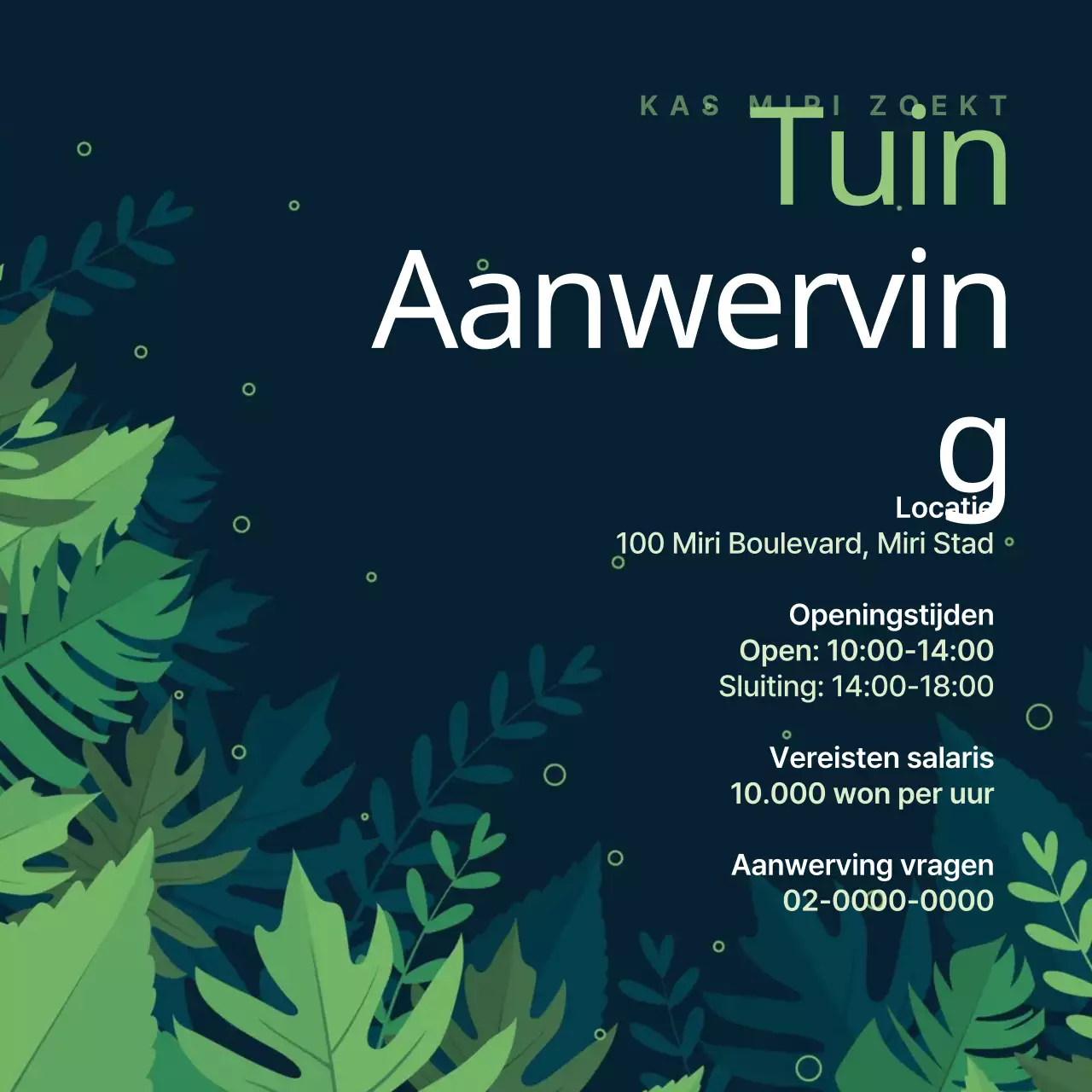 Aankondiging voor werving in natuurthema met groene achtergrond en limoengroene tekstpunten V2