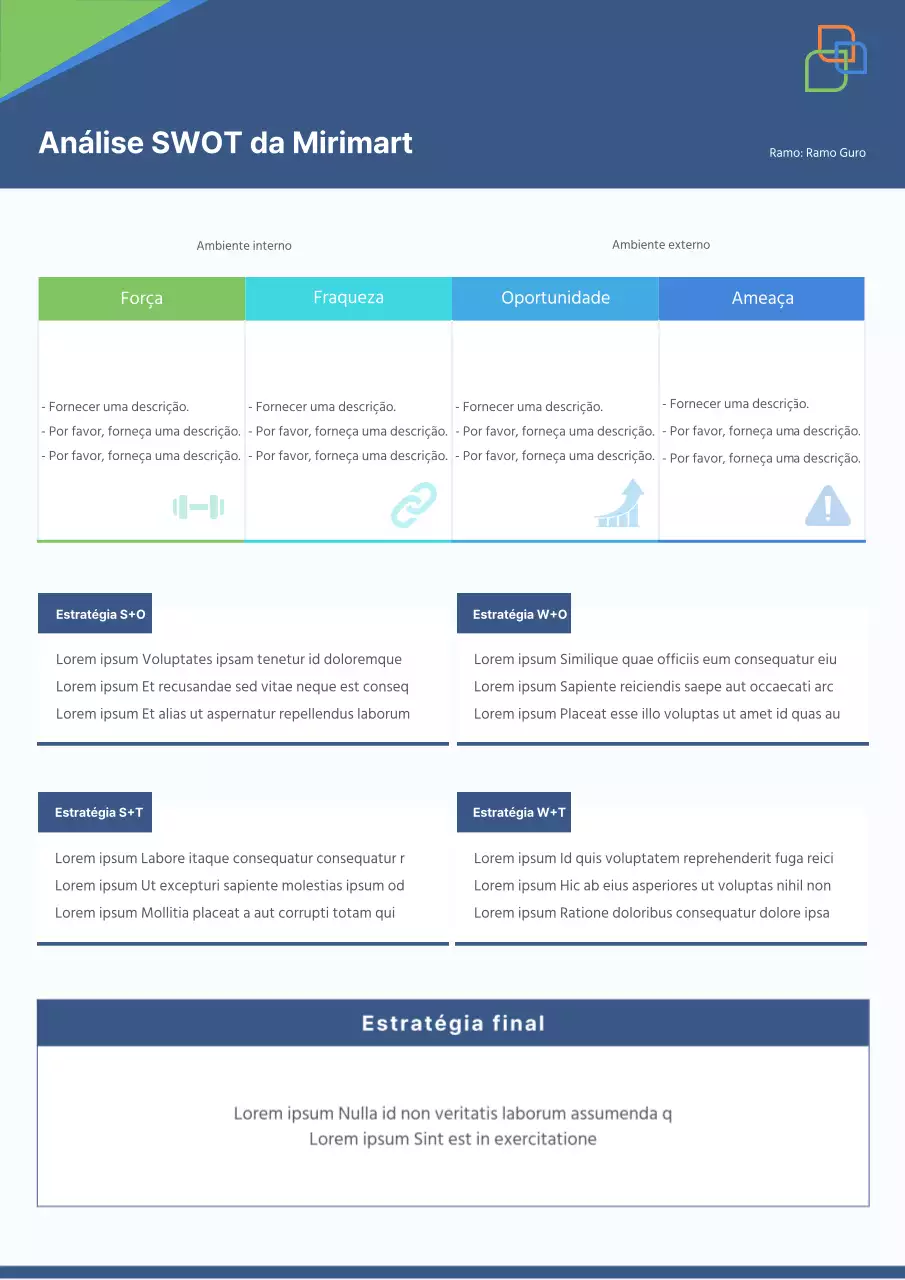 Modelo de documento de análise SWOT simples em azul marinho e cinzento
