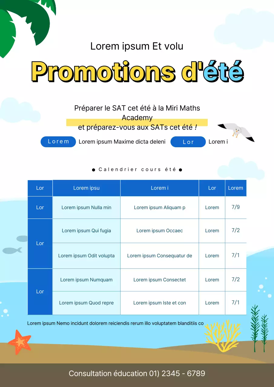 Un joli dépliant aux tons bleus annonçant le programme des cours d'été.