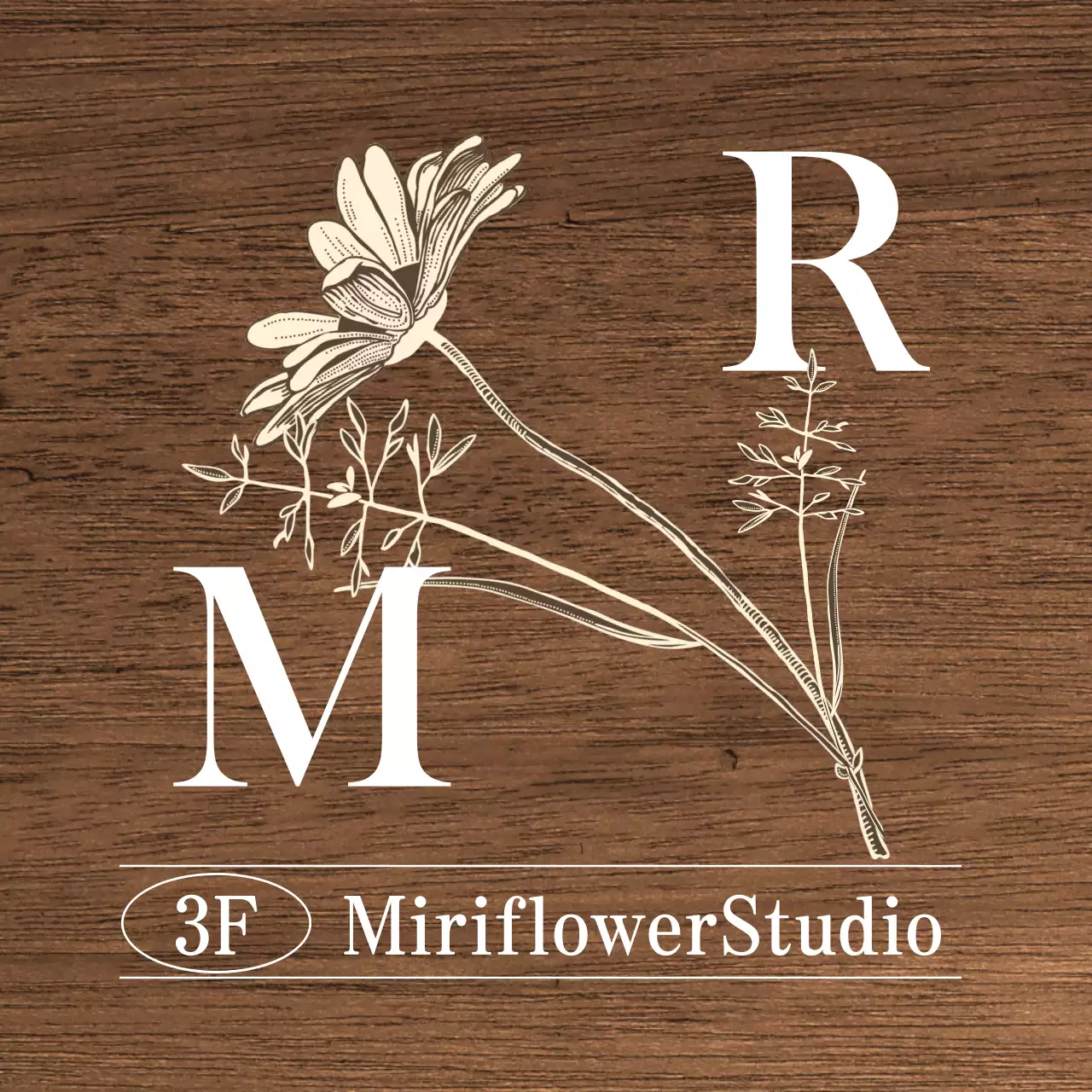 A vintage-inspired Flower Studio sign with white and ivory text and floral illustrations.