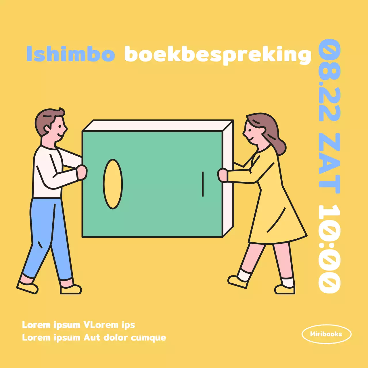 Een eenvoudige, gele, geïllustreerde Booktalk-promotie