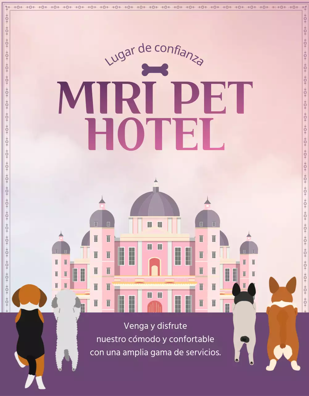 Promocione su hotel para mascotas en morado y rosa