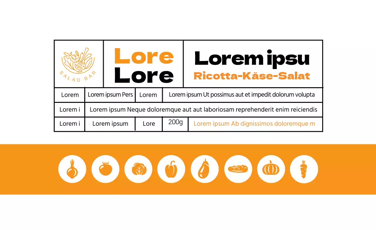 Orangefarbene illustrierte Etiketten für Salatprodukte