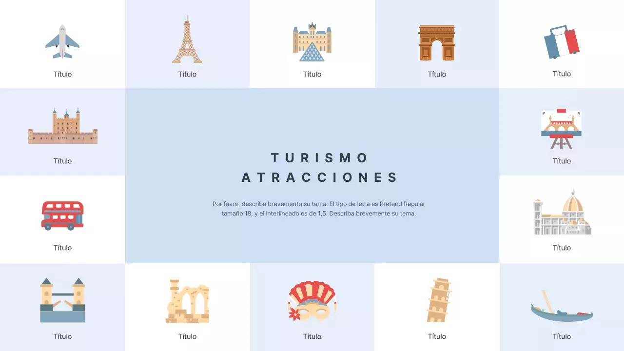 Itinerario con ilustraciones de los destinos europeos en azul claro