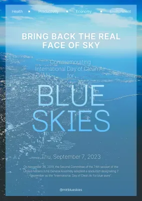 Event announcement with a blue, modern skyline photo in the background