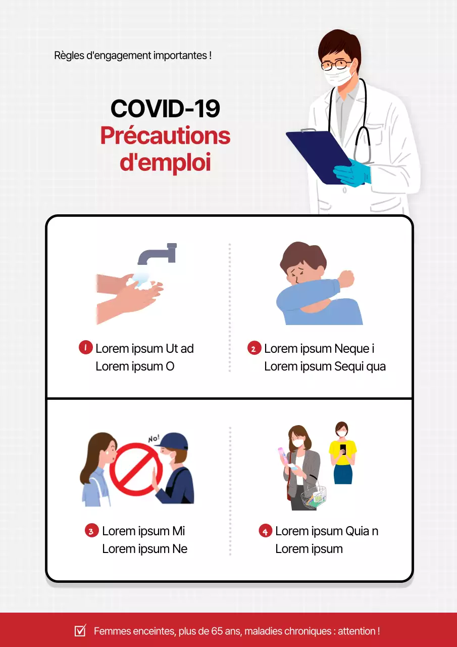Un guide propre, rouge et blanc, sur les précautions à prendre dans le cadre du COVID-19