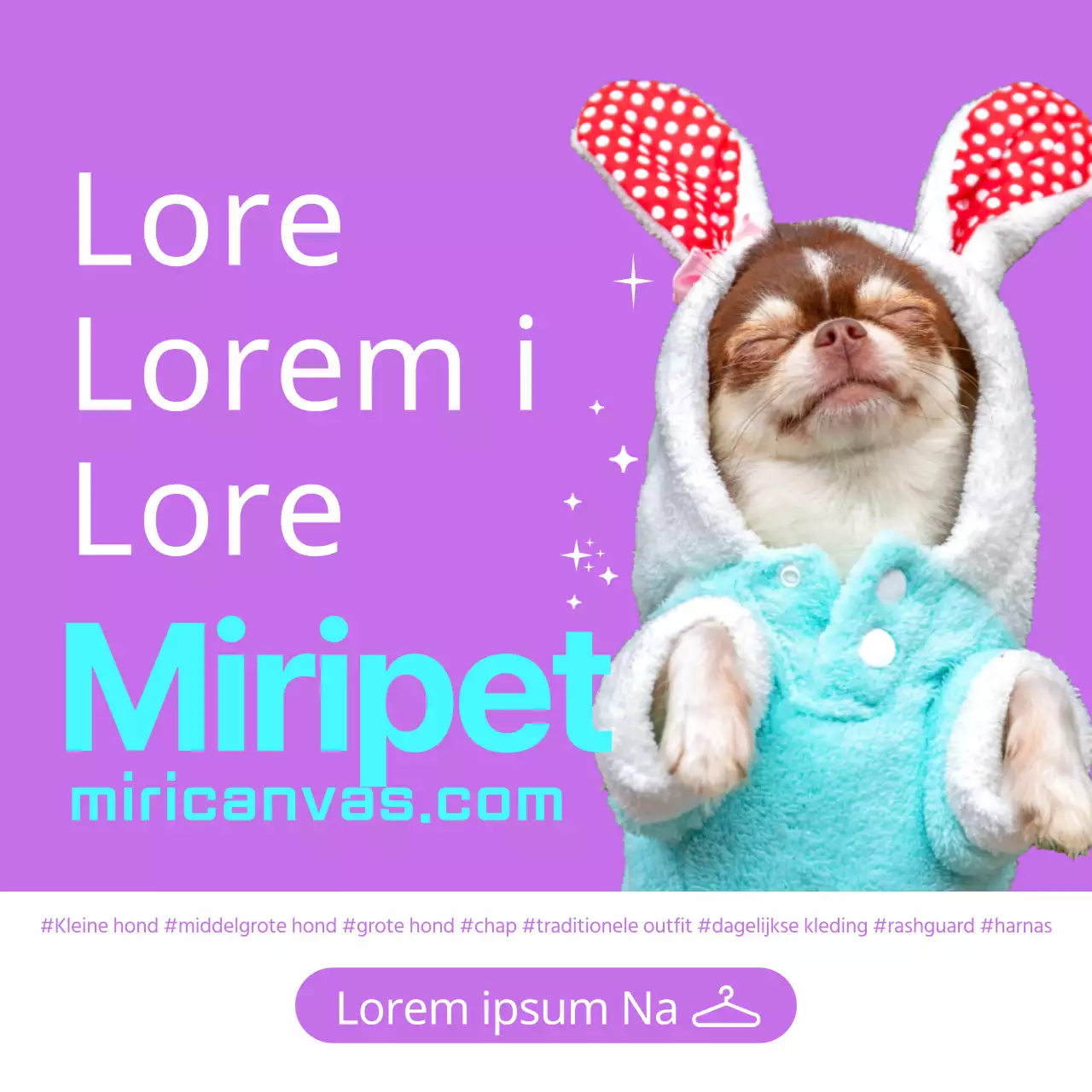 Promoot een verhuurservice voor hondenkostuums met een foto van een puppy in een konijnenpak op een paarse achtergrond