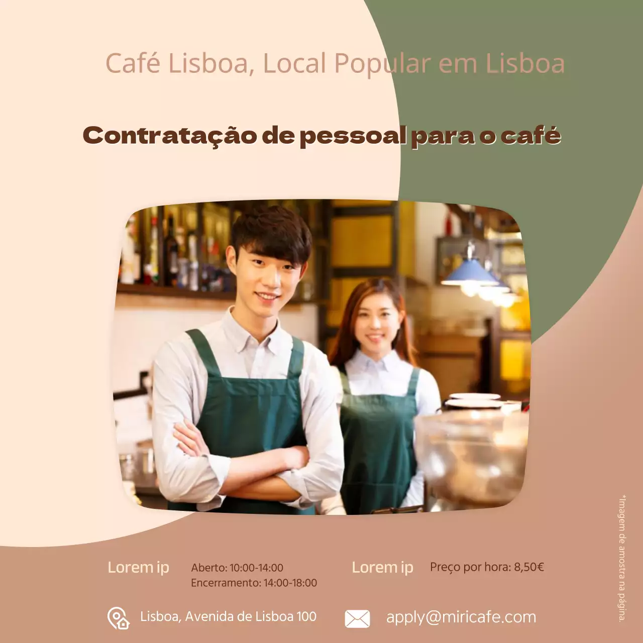Anúncio de emprego de pessoal de café com fotografia em fundo castanho e verde V2