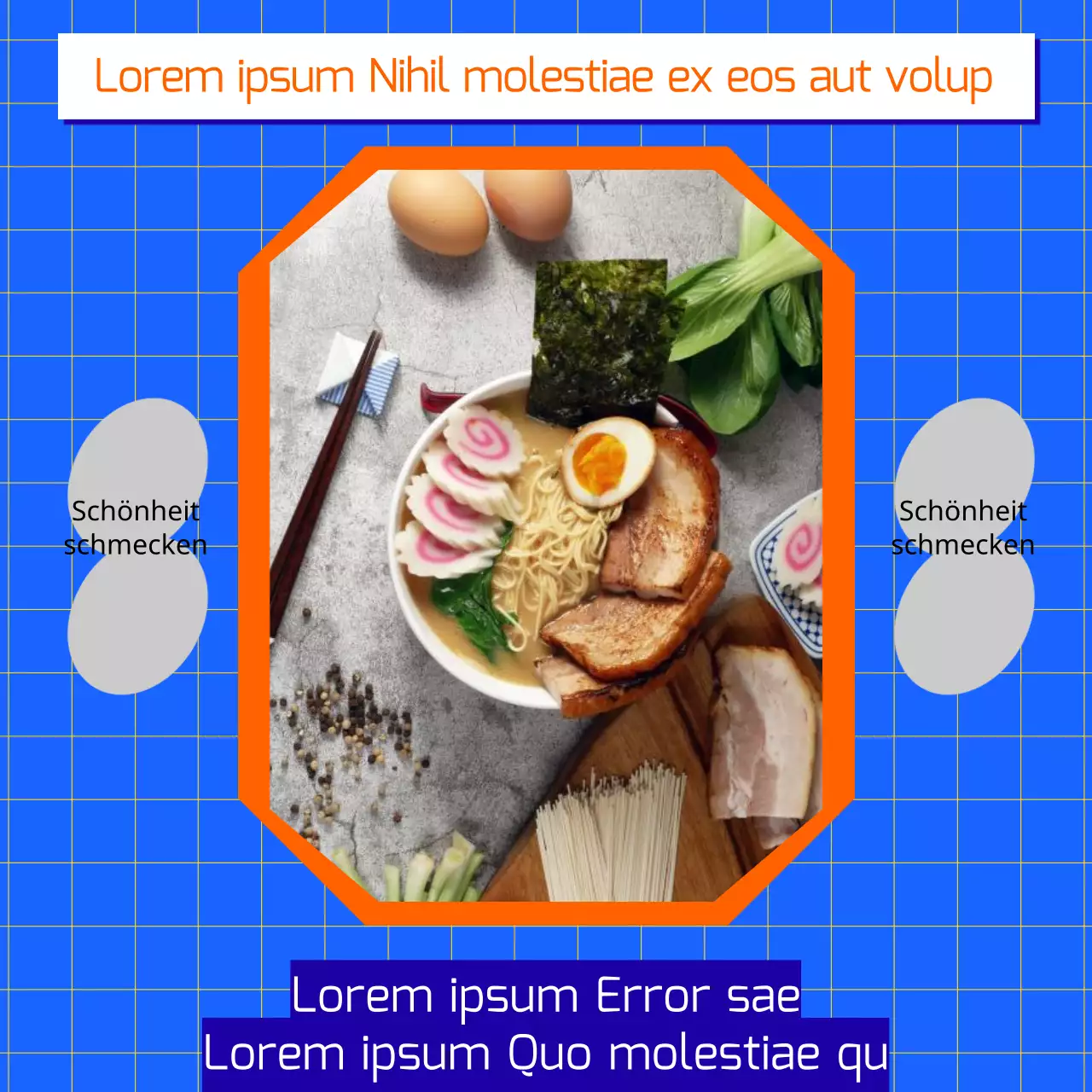 Werbung für Retro-Ramen-Mahlzeitensets in Blau und Orange