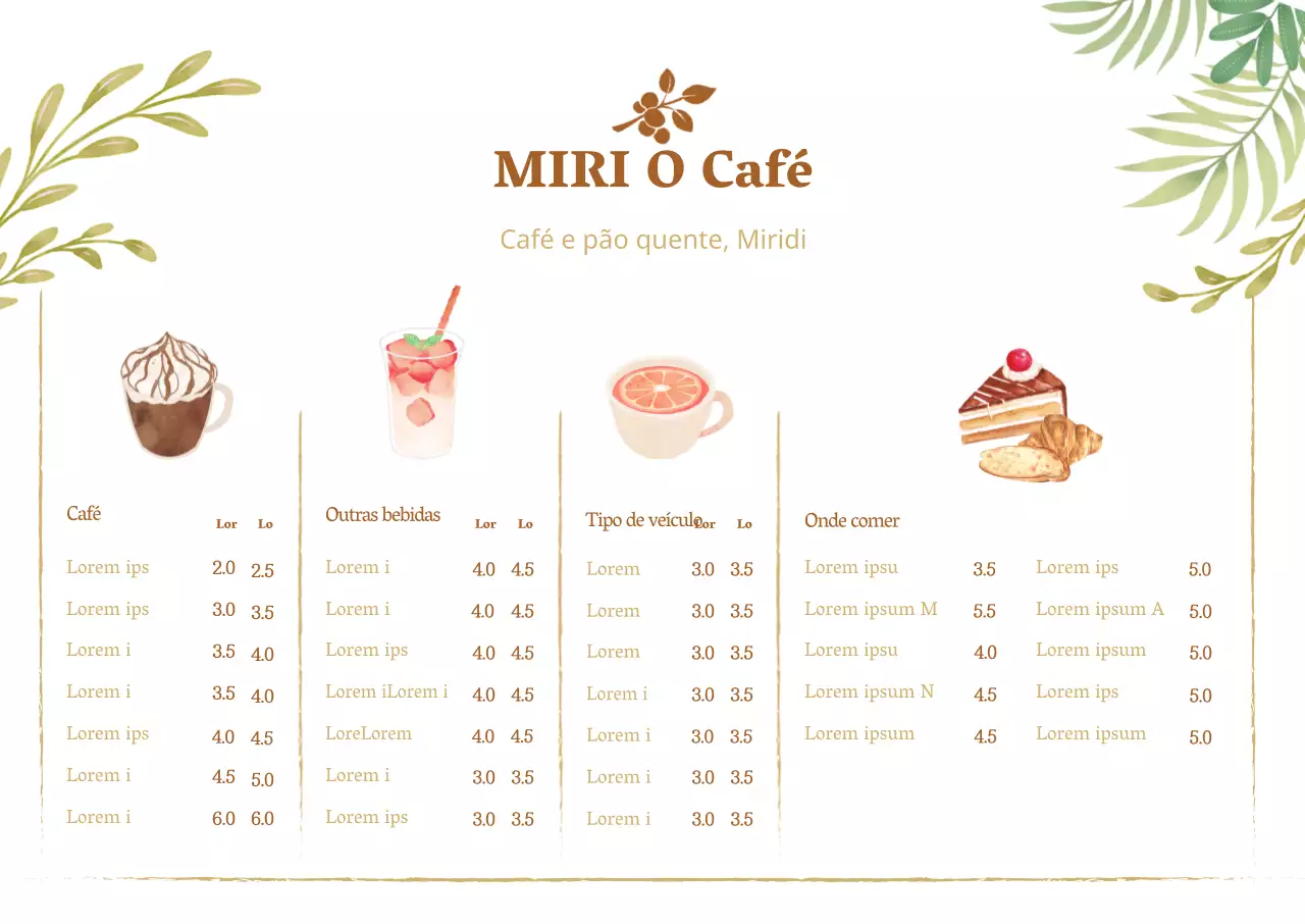 Cartaz horizontal com ilustração de menu de café com fundo branco e xadrez verde