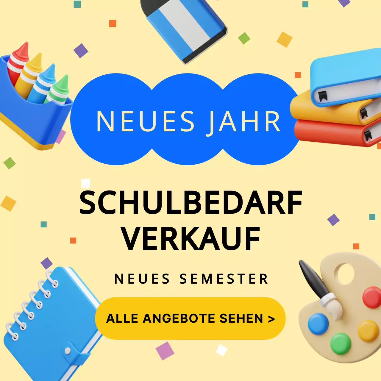 Gelbe und blaue dreidimensionale 3D-Ausstellung für neue Schulsachen