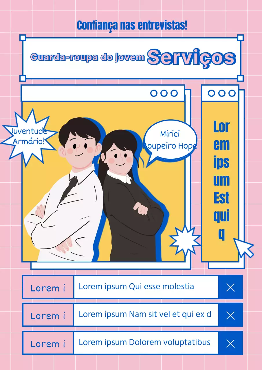 Ilustração de um conceito de caixa de pesquisa na Internet em azul e amarelo para um serviço de aluguer de roupa para entrevista de emprego.