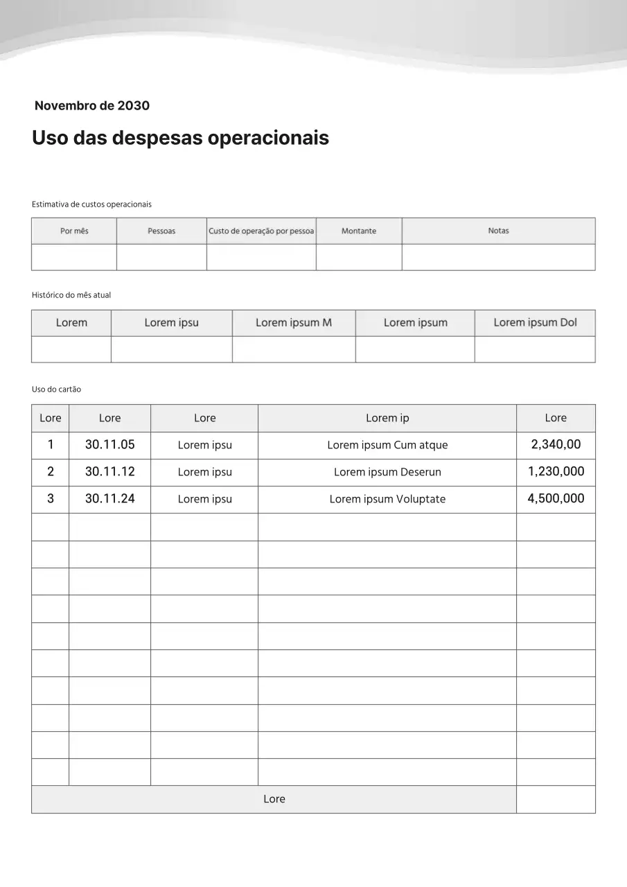 Documentação limpa, simples e em tons de cinzento das despesas de funcionamento