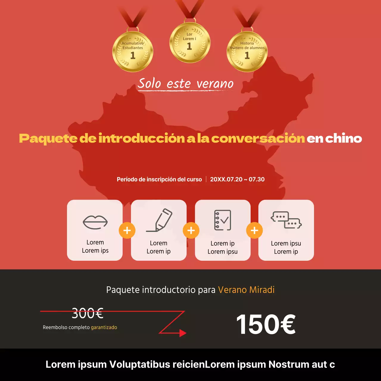 Banner cuadrado para promocionar una escuela de iniciación a la conversación en chino con ilustración de un mapa rojo.