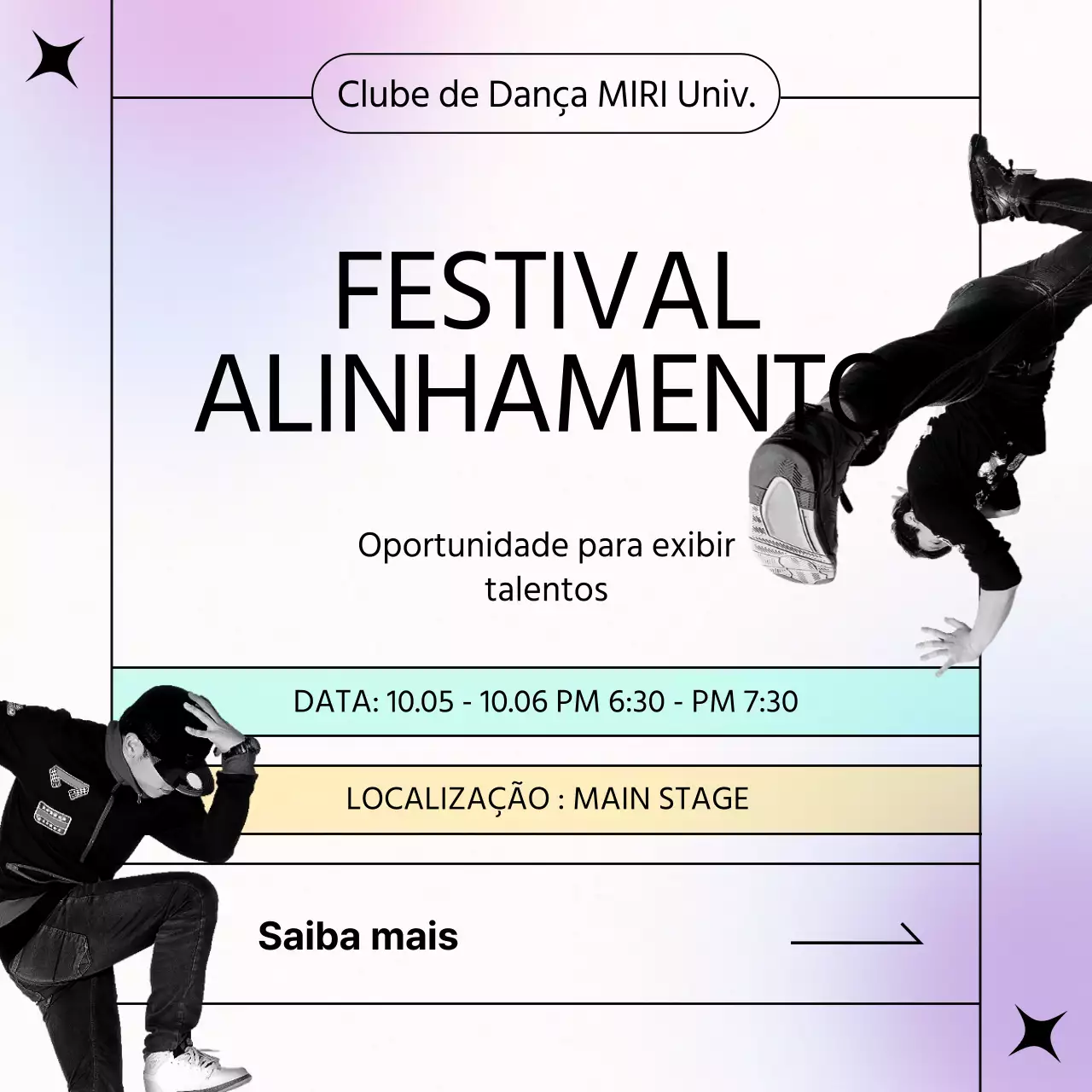 Anúncio do alinhamento para o pop menta e roxo dos espectáculos de dança