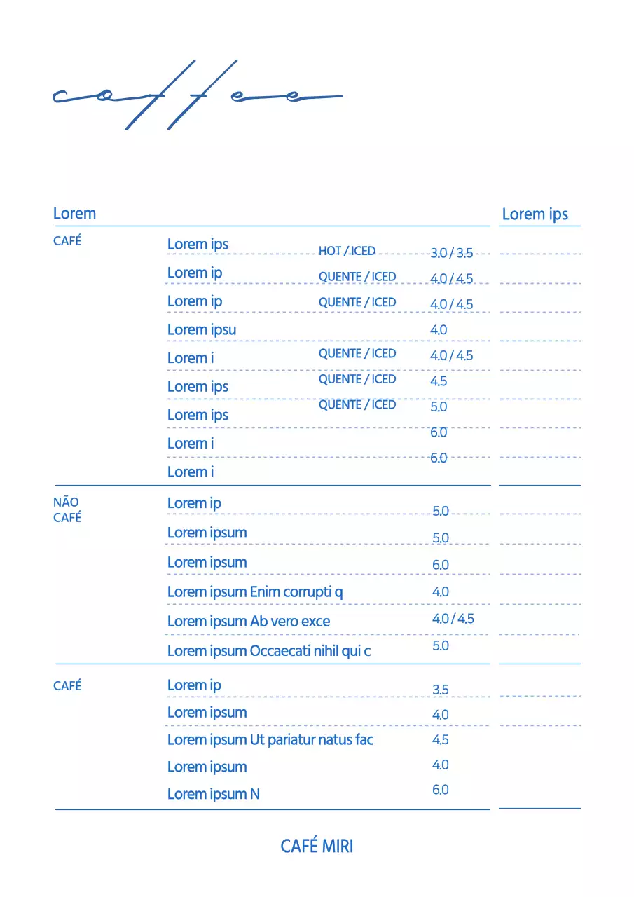 Menu de bebidas do White Blue Simple Cafe