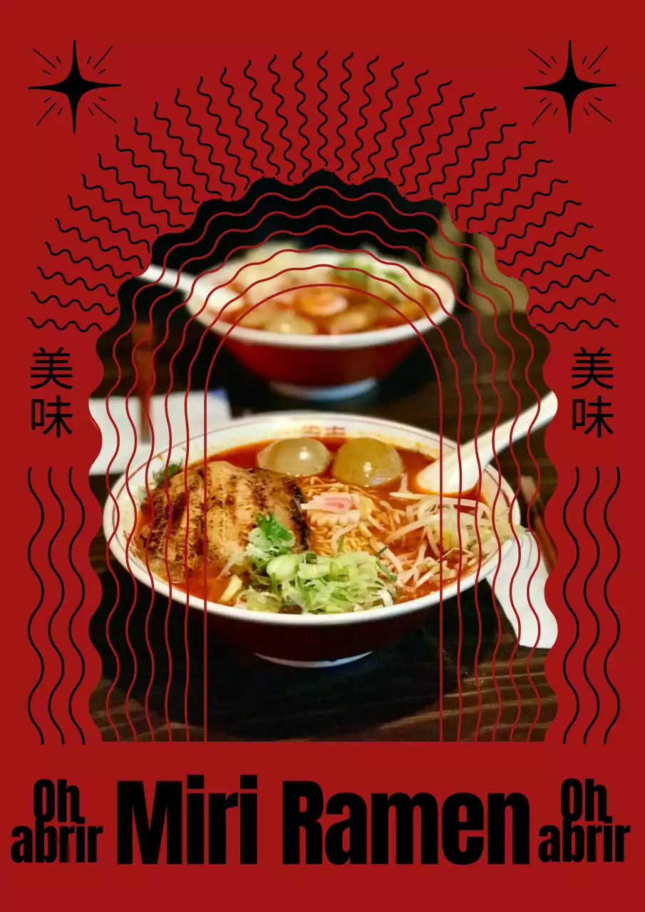 Cartaz do menu do restaurante Ramen com padrão oriental em vermelho e preto