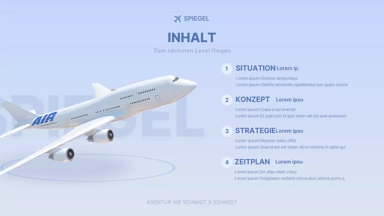 Hellblaues dreidimensionales Flugzeugkonzept Werbeauftrag einer Fluggesellschaft