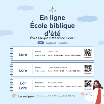Bannière carrée pour une école biblique d'été en ligne avec une illustration bleu clair de Noteconcept.