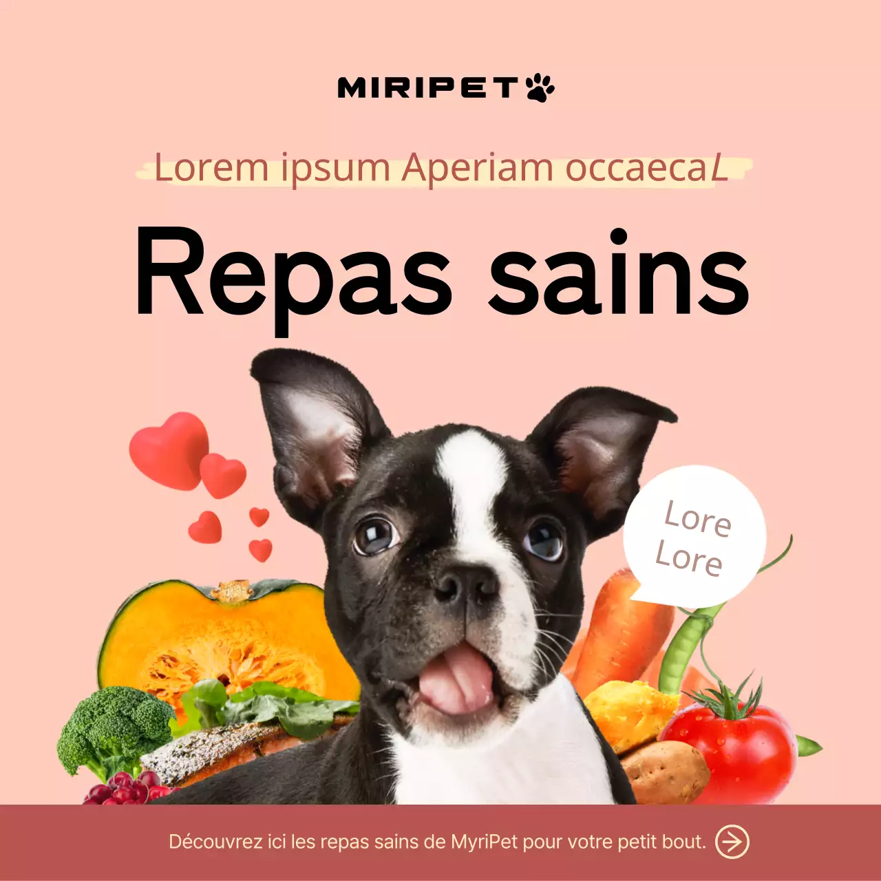 Promotion d'aliments pour animaux de compagnie avec des photos de chiens mignons et d'ingrédients sur fond rose