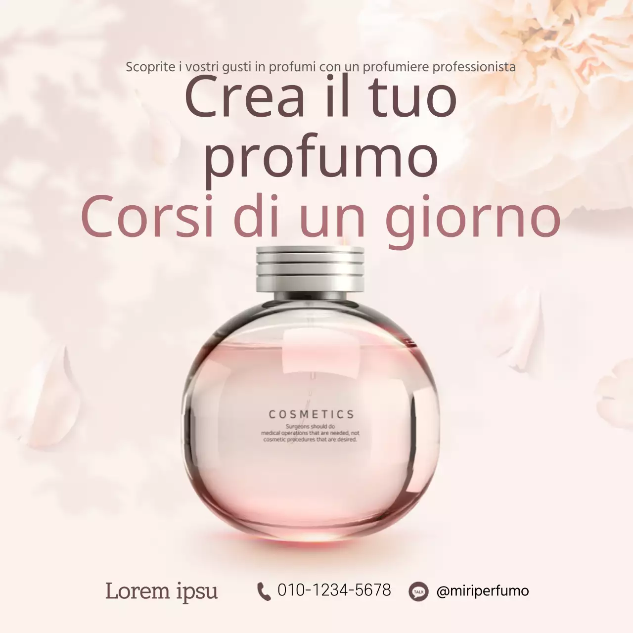 Design promozionale per un corso di un giorno sulla creazione del proprio profumo, nei toni del rosa chiaro