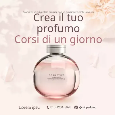 Design promozionale per un corso di un giorno sulla creazione del proprio profumo, nei toni del rosa chiaro