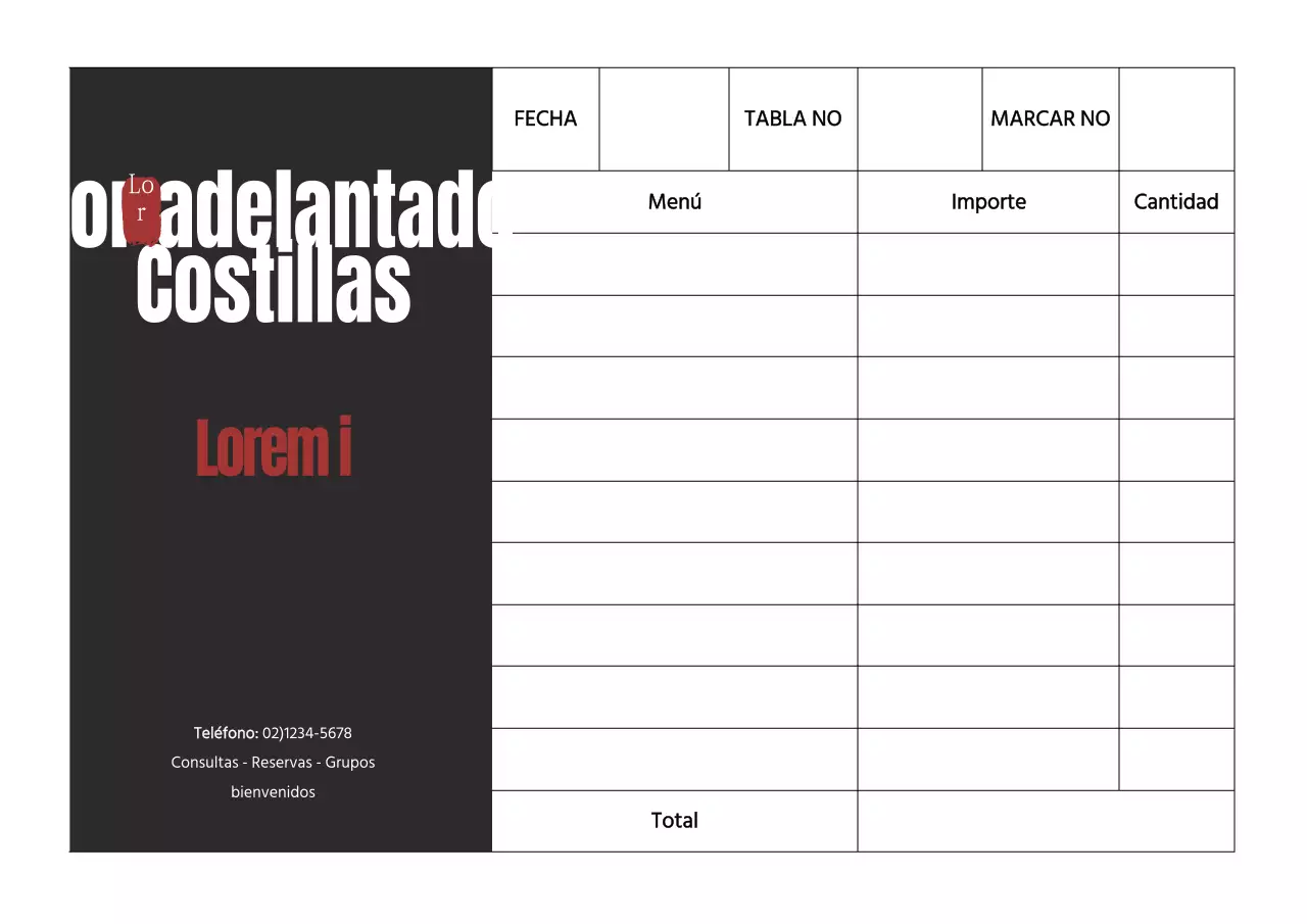 Hoja de pedido de restaurante de concepto sencillo en blanco y negro