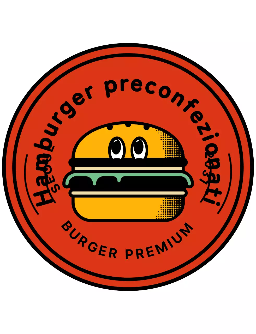 Un hamburger con il logo di un simpatico personaggio rosso e arancione