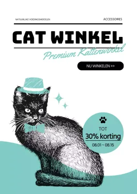 Eenvoudige poster ter promotie van een Cat Mart verkoopevenement in mintkleuren