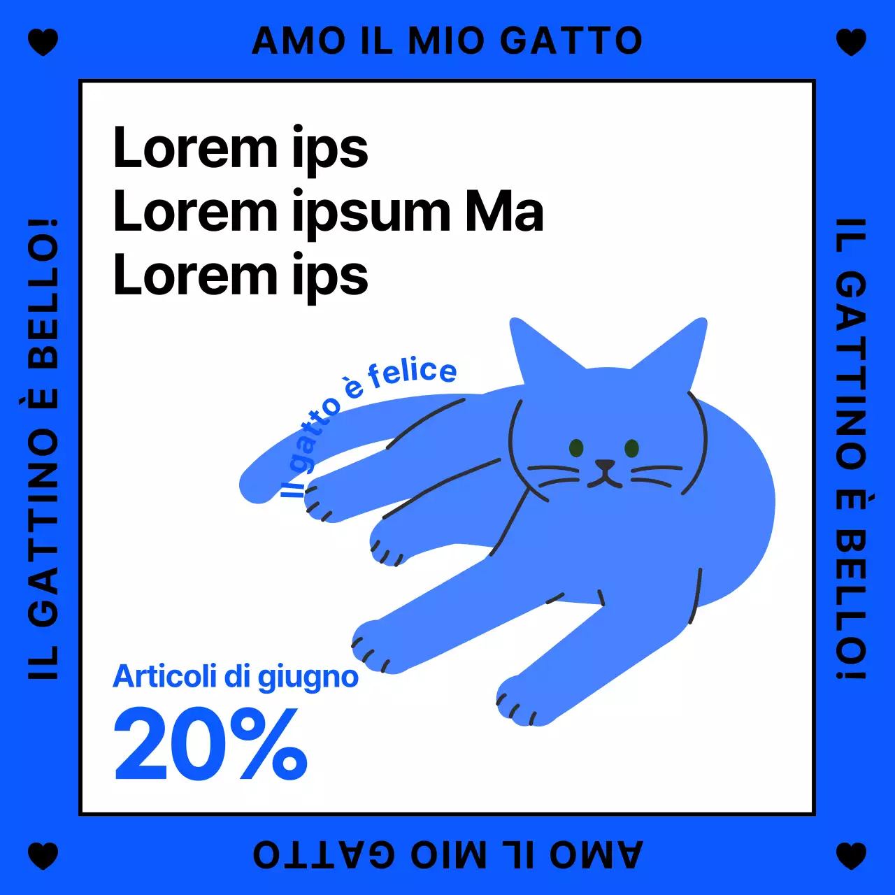 Una simpatica promozione illustrata in blu per le forniture per gatti.
