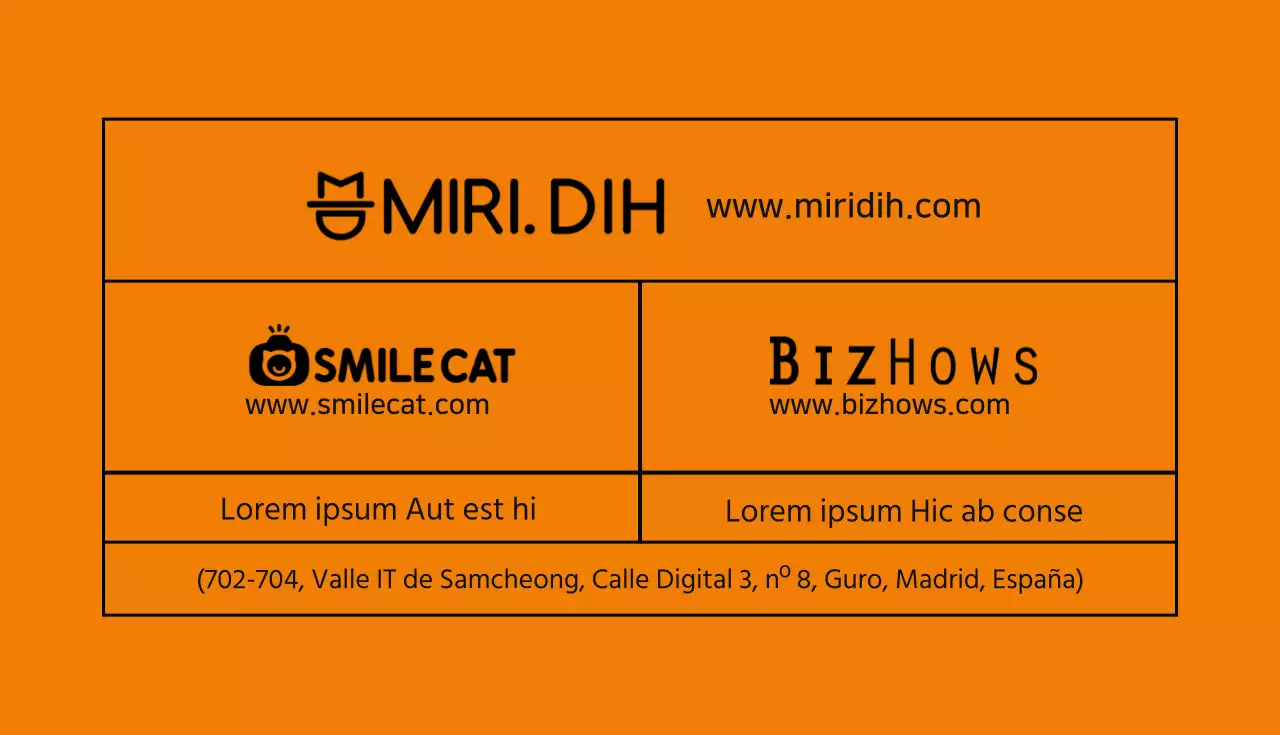 Tarjeta de visita de diseño sencillo con texto y líneas en naranja y negro