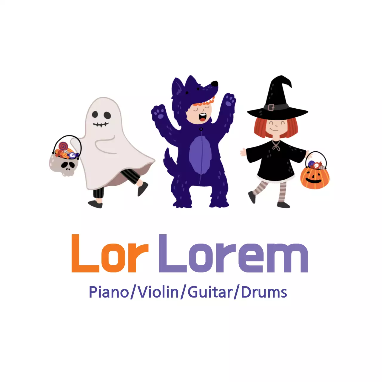 Ilustrasi lucu oranye ungu promosi sekolah musik Halloween