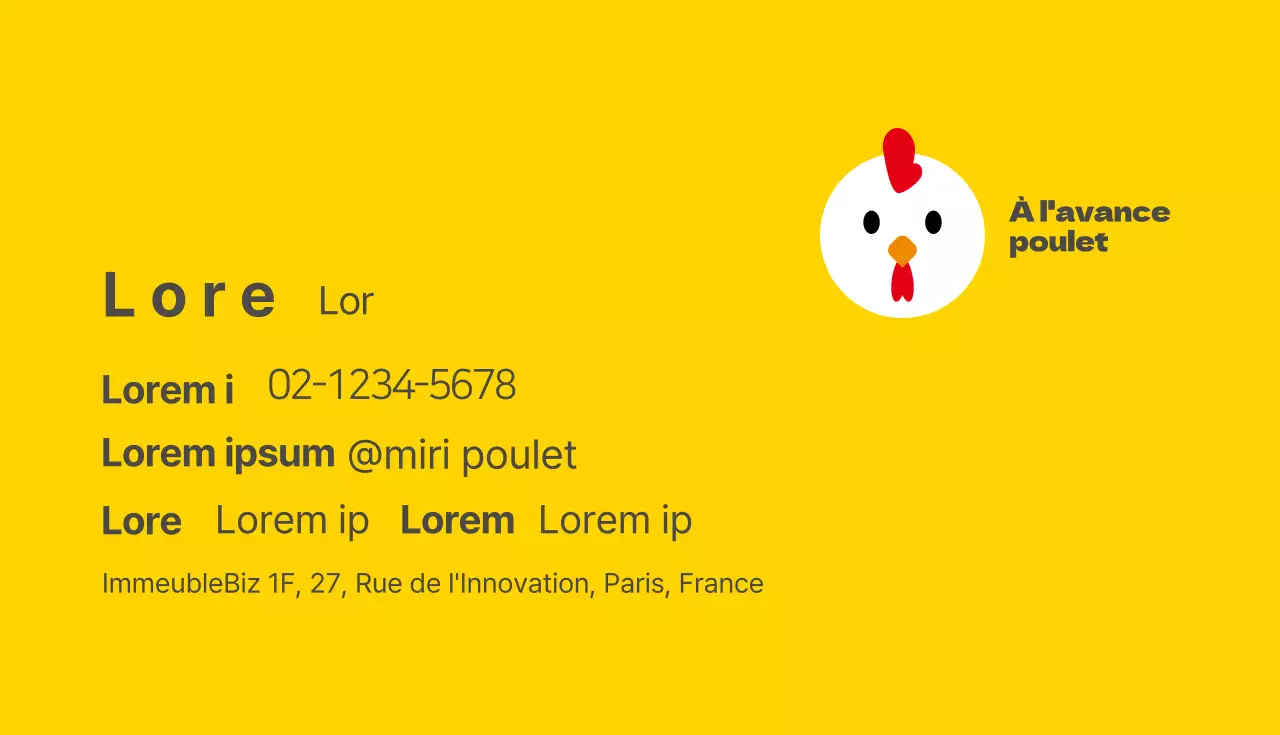 Carte de visite illustrée d'un poulet rouge et jaune
